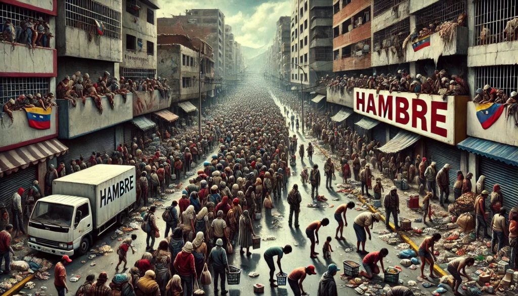 PopulistPolicy.org -- A dramatic depiction of Venezuela's economic crisis, showcasing a street filled with struggling citizens. People are seen lining u -- Socialism Fails -- Alan Nafzger 1.