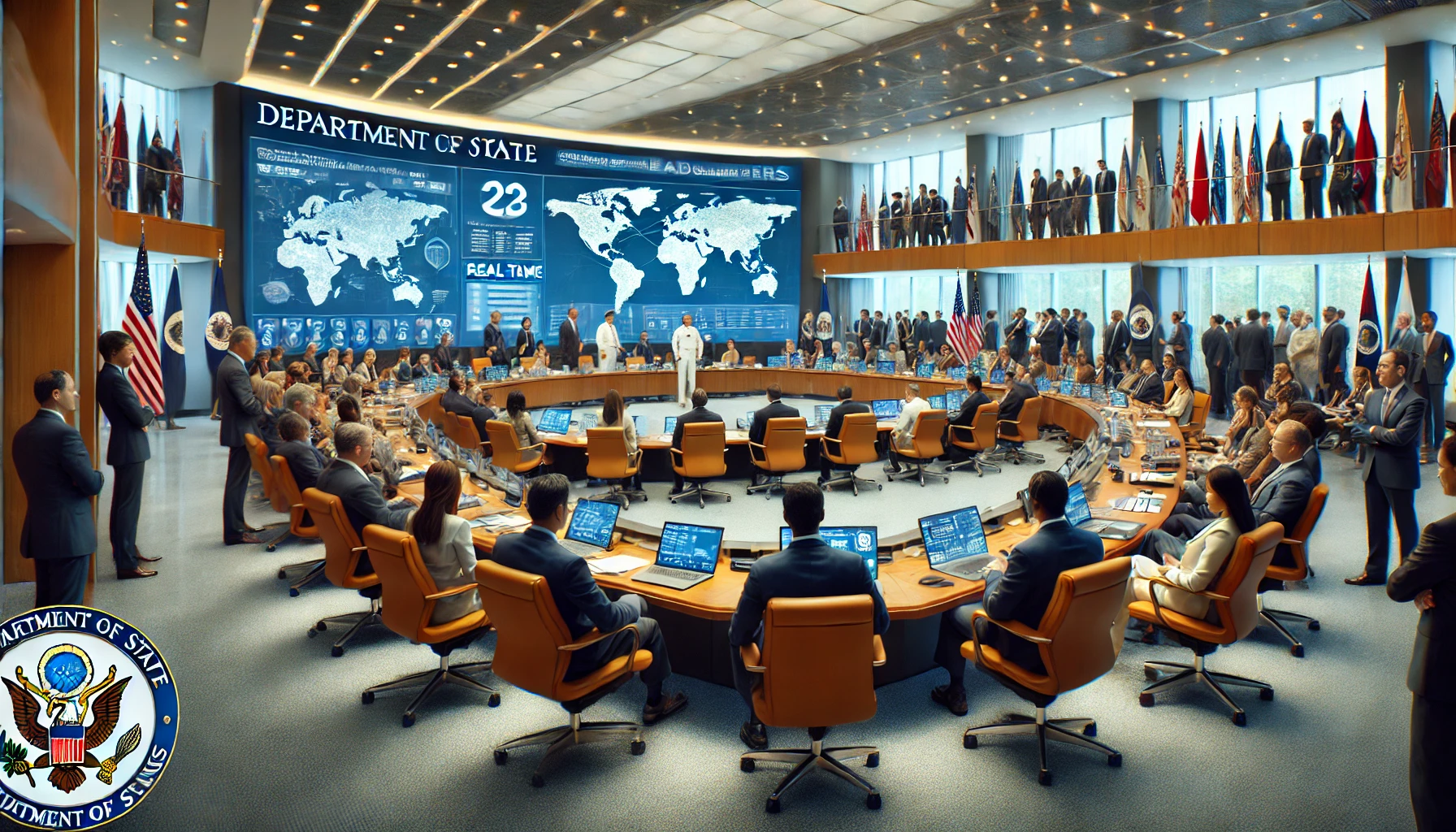 Populist Foundation - Interior view of the Department of State headquarters. A group of diverse officials and citizens are gathered in a modern conference room, engaging in2 Populist Foundation - Interior view of the Department of State headquarters. A group of diverse officials and citizens are gathered in a modern conference room, engaging in2