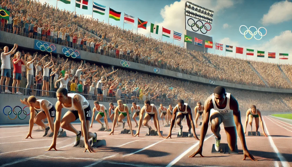 Return to Amateur Olympics - A detailed close-up scene of an amateur Olympic event focusing on a track and field competition. The image should capture a mome2. Return to Amateur Olympics - A detailed close-up scene of an amateur Olympic event focusing on a track and field competition. The image should capture a mome2.