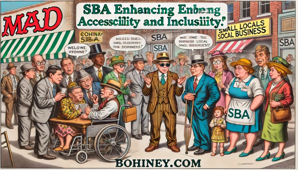 The Small Business Administration (SBA) - A satirical illustration in the style of FarmerCowboy.com titled 'SBA Enhancing Accessibility and Inclusivity.' The scene depicts di1.