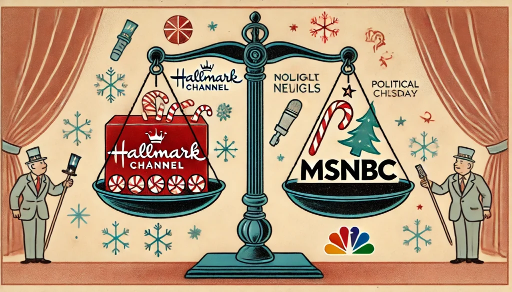 How Trump’s Populist Revolution is Reshaping News Consumption -- A satirical illustration of a scale weighing a Hallmark Channel logo on one side and MSNBC’s logo on the other. The Hallmark Cha1