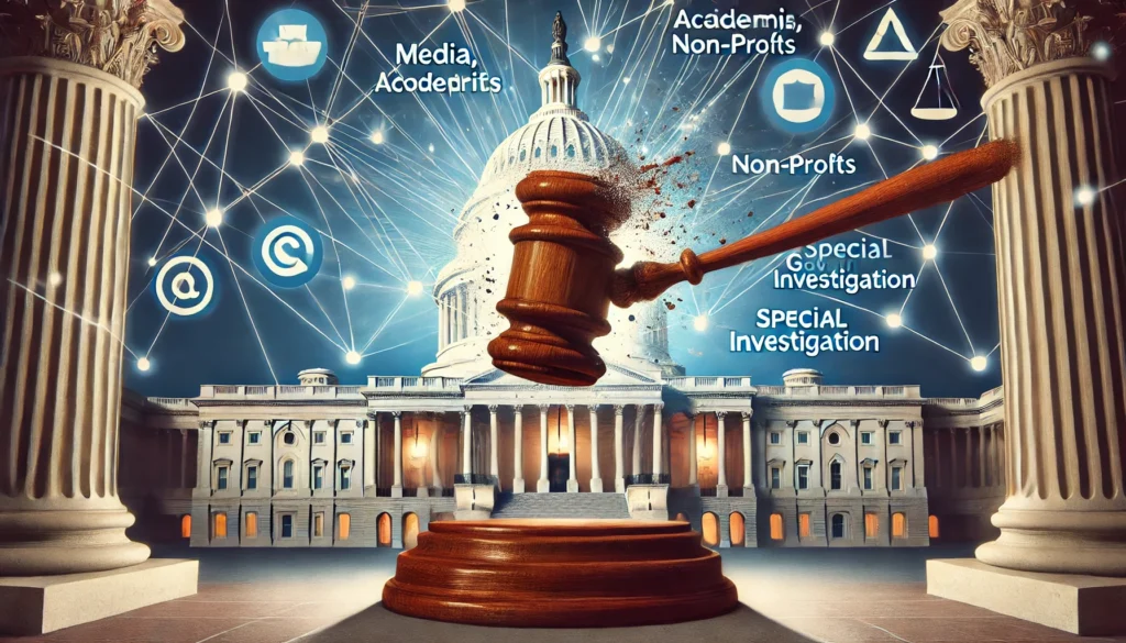 Pam Bondi Should Launch Investigations Into... A conceptual illustration of a gavel smashing through a web of interconnections representing media, academia, non-profits, and government 2 Special Counsel to Investigate the Democratic Party