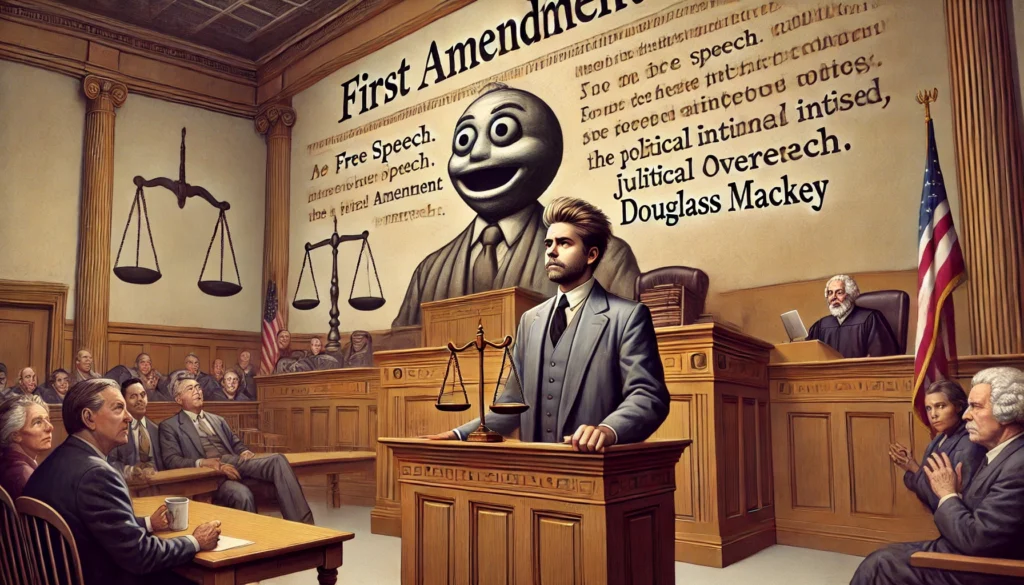 PopulistPolicy.ORG -- A symbolic courtroom scene where a satirical meme is on trial, with Douglass Mackey portrayed as a calm and composed individual, standing 1 PopulistPolicy.ORG -- A symbolic courtroom scene where a satirical meme is on trial, with Douglass Mackey portrayed as a calm and composed individual, standing 1