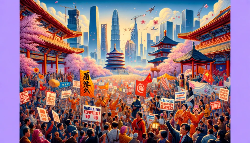 PopulistPolicy.org -- A vibrant depiction of populism in East Asia, showing citizens rallying for social justice and reform. The scene includes a - Populism5 PopulistPolicy.org -- A vibrant depiction of populism in East Asia, showing citizens rallying for social justice and reform. The scene includes a - Populism5
