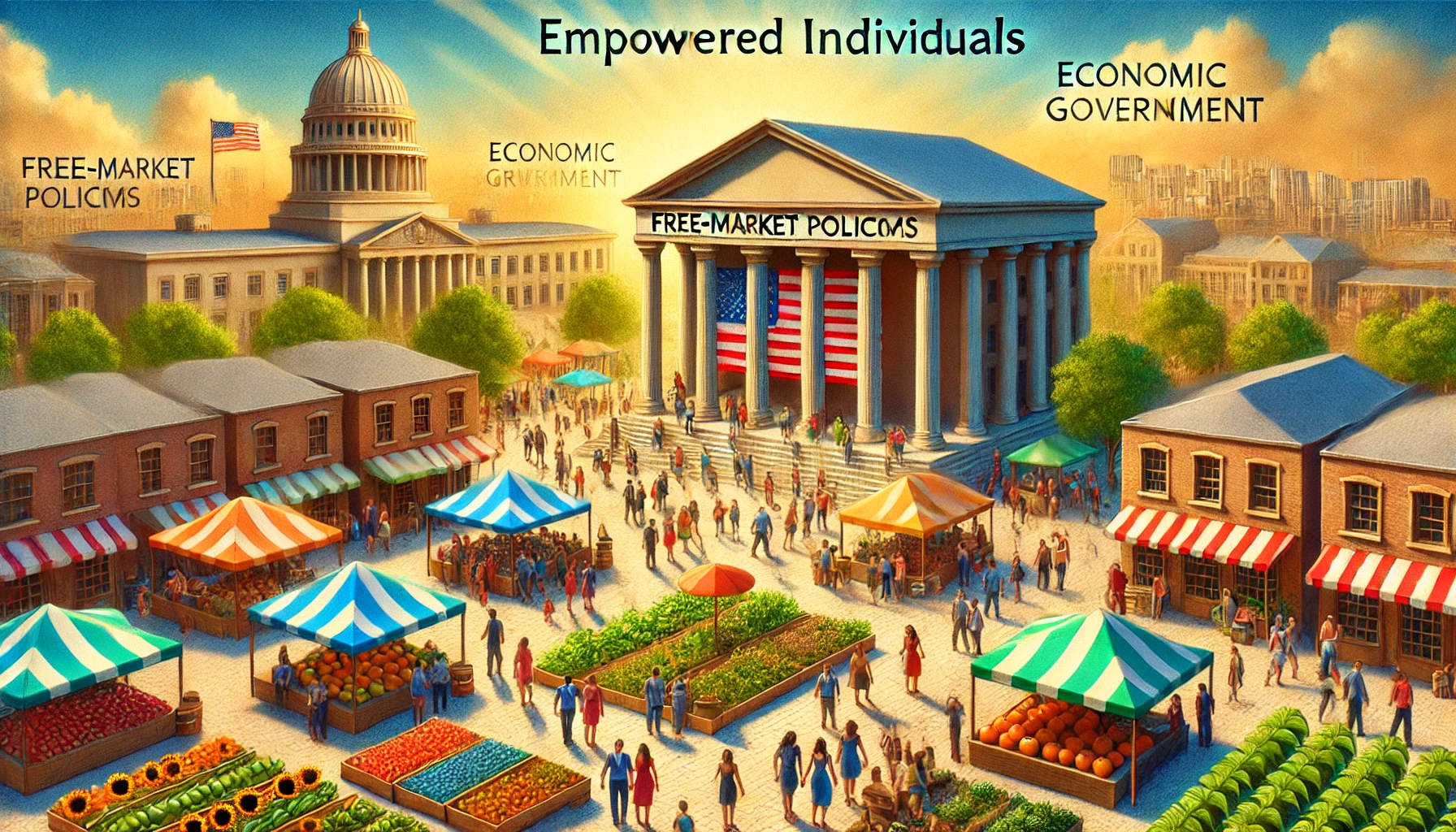 PopulistPolicy.org -- A wide-aspect image symbolizing free-market policies and limited government. The scene features a vibrant marketplace with-- Free-Market, Limited-Governments1 PopulistPolicy.org -- A wide-aspect image symbolizing free-market policies and limited government. The scene features a vibrant marketplace with-- Free-Market, Limited-Governments1