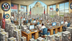 DOGE - A satirical cartoon showing the Department of State (DOS) office filled with stacks of paperwork, representing the inefficiencies in managing foreign DOGE - A satirical cartoon showing the Department of State (DOS) office filled with stacks of paperwork, representing the inefficiencies in managing foreign