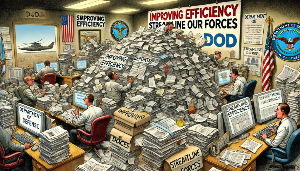 DOGE - A satirical depiction of the Department of Defense (DOD) office. Inside, employees are shown managing an overwhelming amount of military data, financi DOGE - A satirical depiction of the Department of Defense (DOD) office. Inside, employees are shown managing an overwhelming amount of military data, financi