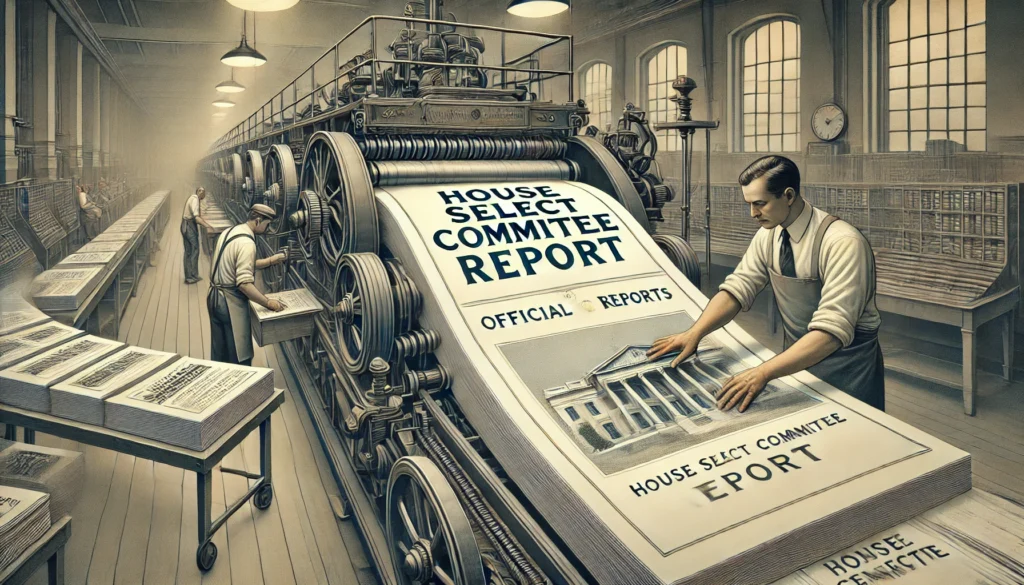 House Select Committee on Reconciliation - A close-up, wide-aspect, detailed illustration of a government printing office during the production of official reports. House Select Committee on Reconciliation - A close-up, wide-aspect, detailed illustration of a government printing office during the production of official reports.