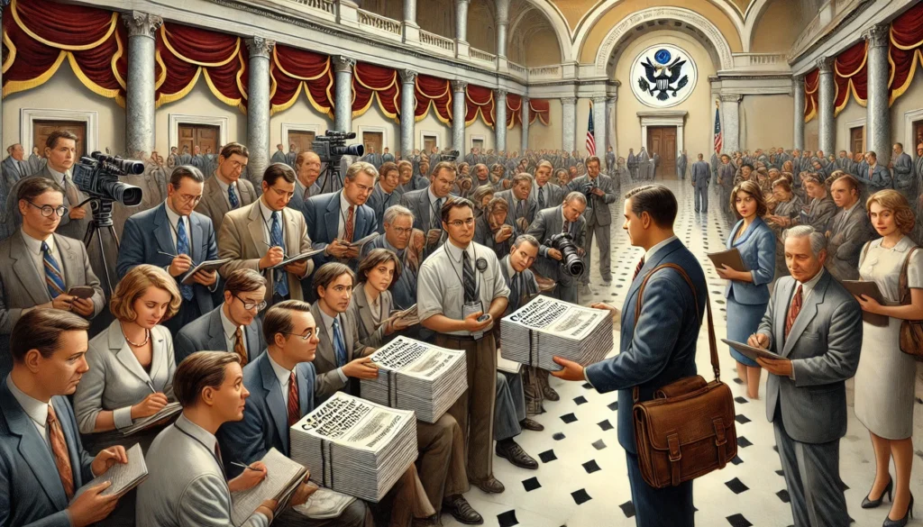 House Select Committee on Truth & Reconciliation - A detailed, wide-aspect illustration of 12 journalists gathered in the U.S. Capitol receiving copies of an official government report House Select Committee on Truth & Reconciliation - A detailed, wide-aspect illustration of 12 journalists gathered in the U.S. Capitol receiving copies of an official government report