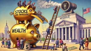 PopulistPolicy.org -- A humorous depiction of wealth inequality with a golden escalator labeled 'Stocks and Real Estate' carrying wealthy individuals to-- Wealth Inequality & Alan Nafzger 2. PopulistPolicy.org -- A humorous depiction of wealth inequality with a golden escalator labeled 'Stocks and Real Estate' carrying wealthy individuals to-- Wealth Inequality & Alan Nafzger 2.