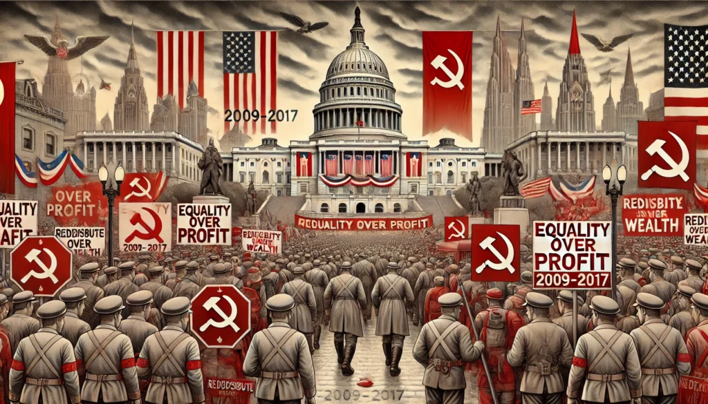 PopulistPolicy.org -- A illustration of the United States between 2009-2017 depicted as a Marxist-inspired society. The scene features iconic -- Democratice Party & Marxism -- Alan Nafzger 1.