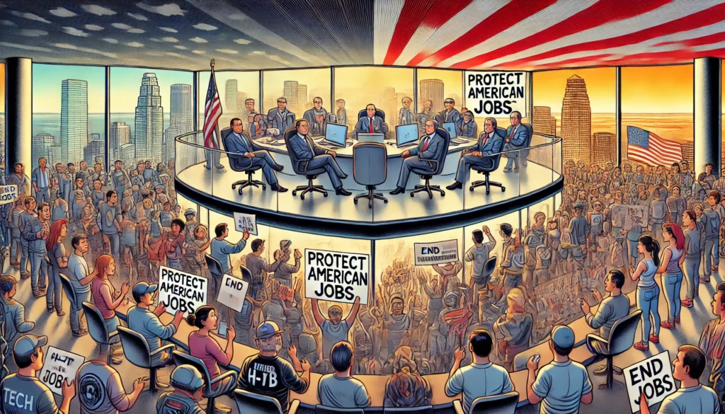 PopulistPolicy.org -- A wide-aspect cartoon-style illustration depicting a dramatic contrast between a crowded tech office filled with diverse H-1B visa -- Satire and Alan Nafzger2.