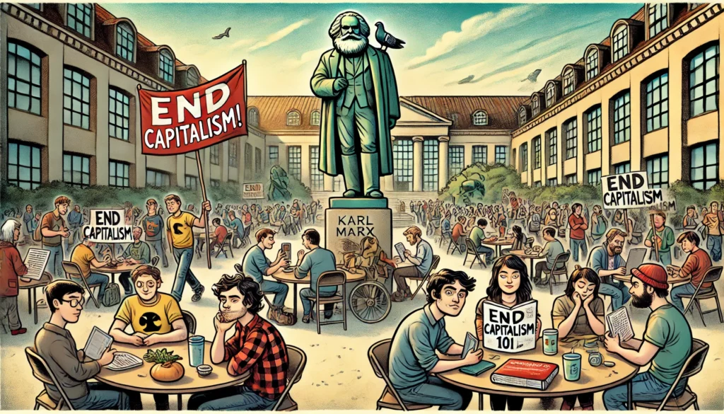 PopulistPolicy.org -- A wide-aspect cartoon-style illustration of a university campus courtyard filled with students. Some carry protest signs with slogans like '-- Populism & Alan Nafzger 1