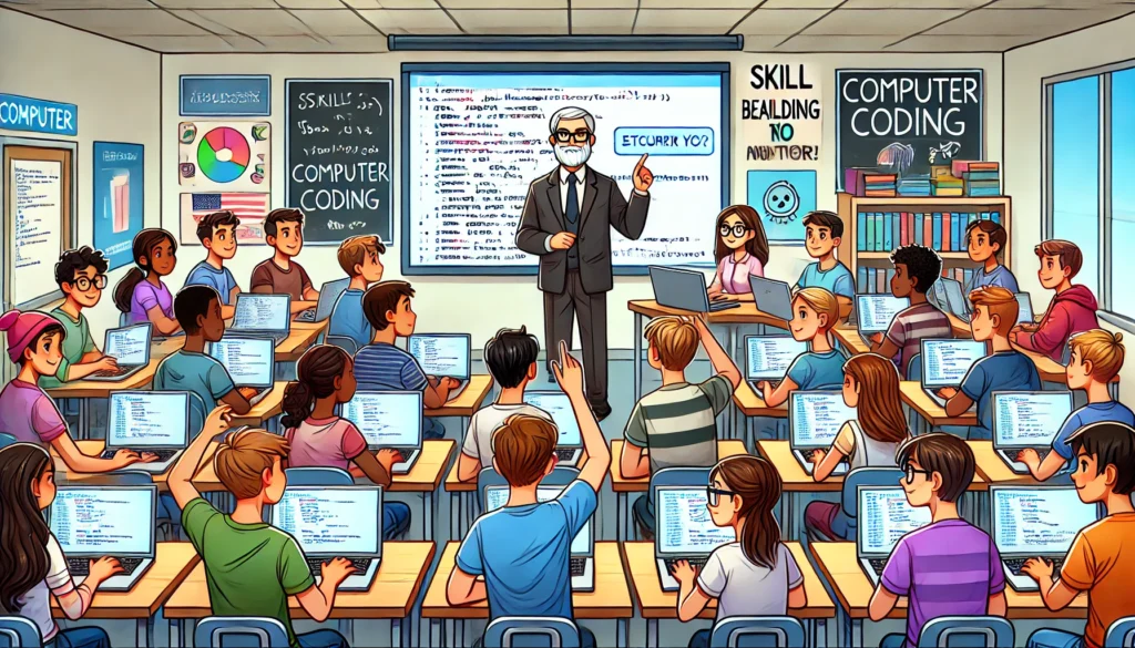 PopulistPolicy.org -- A wide-aspect cartoon-style illustration of an American junior college classroom where a diverse group of students are learning co -- H-1B Visas and Alan Nafzger2.