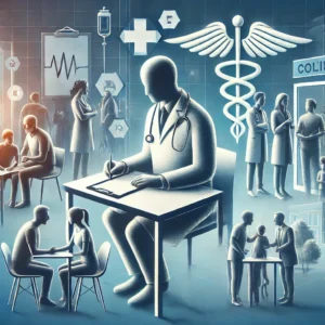 PopulistPolicy.org -- An image representing healthcare reform, showing a doctor providing medical care in a clinic while patients engage in discussions -- Populist Policies Examples1. PopulistPolicy.org -- An image representing healthcare reform, showing a doctor providing medical care in a clinic while patients engage in discussions -- Populist Policies Examples1.