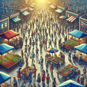 PopulistPolicy.org -- An image symbolizing free market policies, showing a bustling marketplace with a variety of goods and services being exchanged fre -- Populist Policies Examples4. PopulistPolicy.org -- An image symbolizing free market policies, showing a bustling marketplace with a variety of goods and services being exchanged fre -- Populist Policies Examples4.