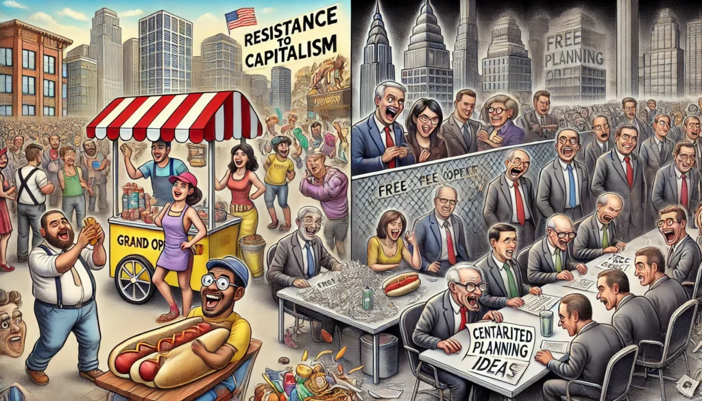 Capitalism vs. Socialism -- A wide-aspect satirical illustration titled 'Resistance to Capitalism,' depicting two contrasting scenes.-- Populism & Alan Nafzger 1
