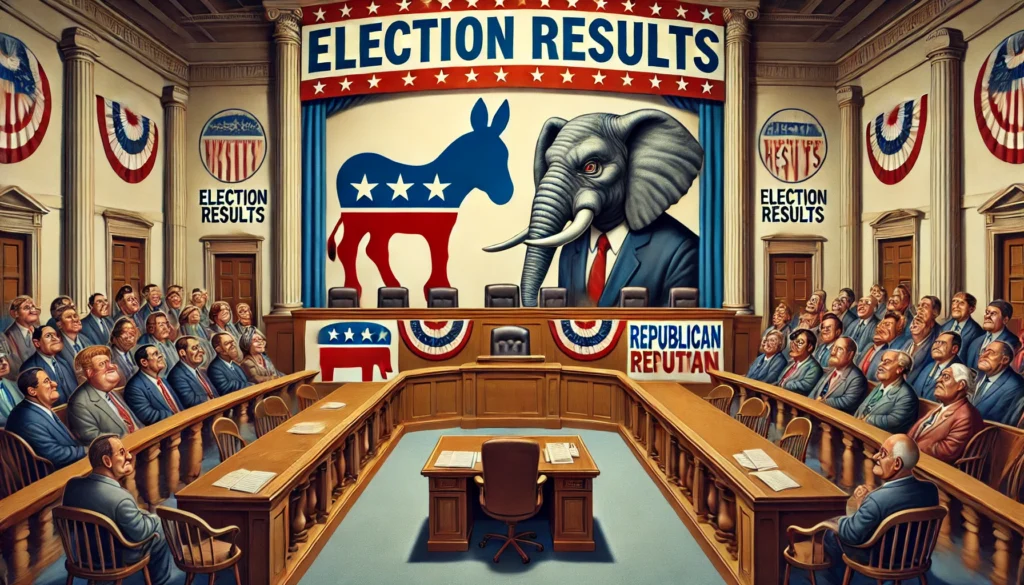 PopulistPolicy.org -- 5 - A humorous and exaggerated courtroom scene divided into two sides. The left side is adorned with a donkey symbol and Dem-- Alan Nafzger 4 PopulistPolicy.org -- 5 - A humorous and exaggerated courtroom scene divided into two sides. The left side is adorned with a donkey symbol and Dem-- Alan Nafzger 4