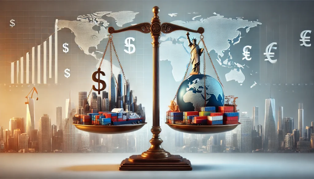 PopulistPolicy.org -- A balanced scale where one side represents 'American Economy' with a thriving cityscape, and the other side displays 'Gl-- Alan Nafzger 3
