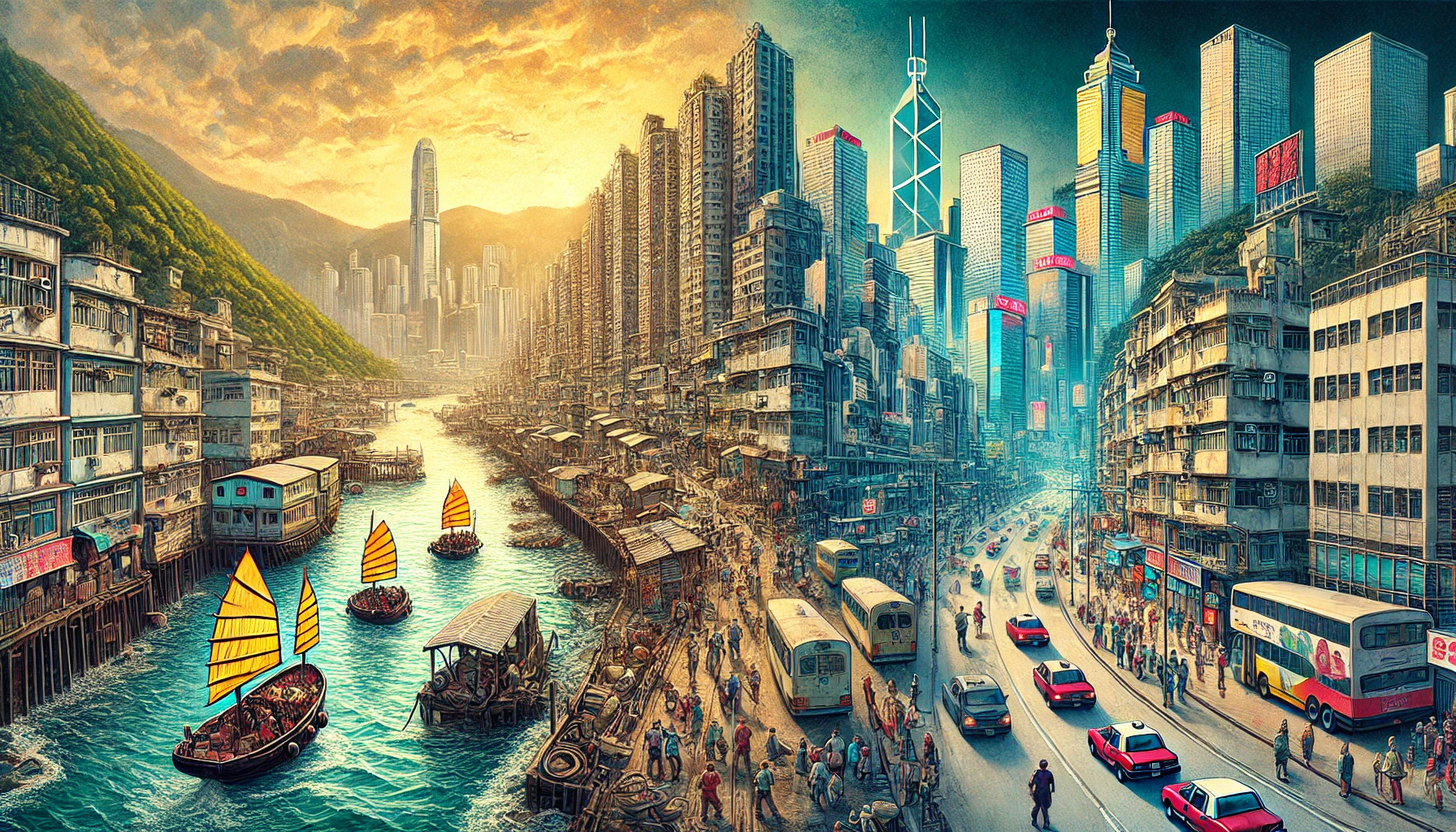PopulistPolicy.org -- A highly detailed and vivid depiction of Hong Kong's economic transformation over decades. The left side of the image sh-- Global Trade - & Alan Nafzger 2. PopulistPolicy.org -- A highly detailed and vivid depiction of Hong Kong's economic transformation over decades. The left side of the image sh-- Global Trade - & Alan Nafzger 2.