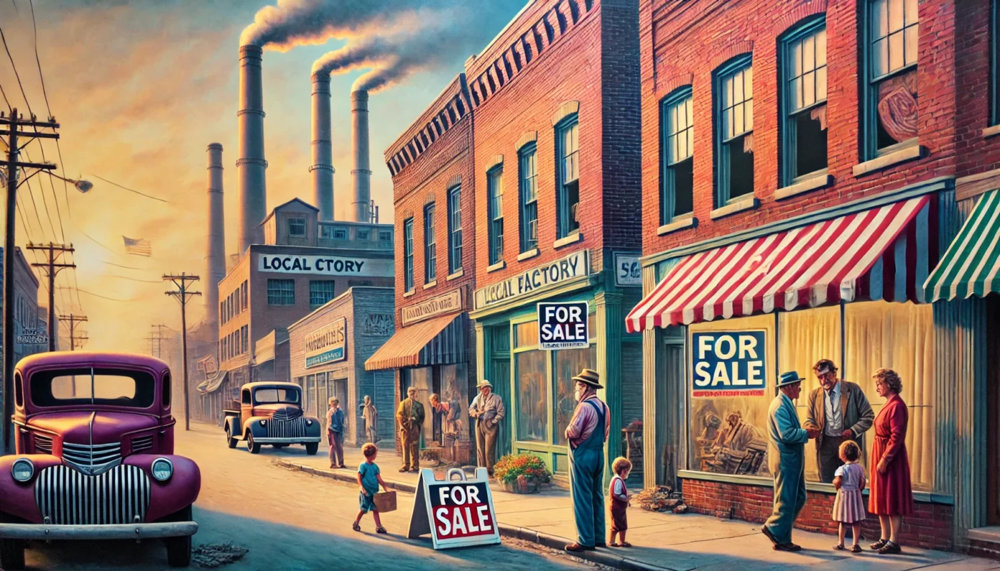 PopulistPolicy.org -- A vibrant and detailed depiction of a small-town American street in the 1980s, where a local factory has recently closed-- Good-Paying Jobs & Alan Nafzger 2.